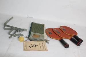 lot 206 image: Retro Table Tennis Set with 3 Vintage Paddles and Accessories