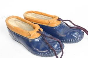 lot 240 image: Pair of Vintage Blue and Tan Rubber Rain Shoes, Size 7
