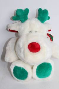 lot 322 image: Plush White Reindeer Toy with Green Antlers and Red Nose