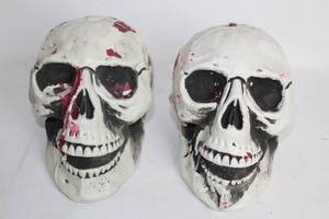 lot 365 image: Set of 2 Distressed Halloween Decorative Skulls