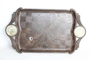 lot 381 image: Vintage Wood Serving Tray with Intricate Handles and Inset Details