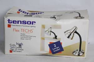 lot 395 image: Tensor FlexTECS Flexible Brushed Steel Desk Lamp Set with Clip On, 2 Lamps Included
