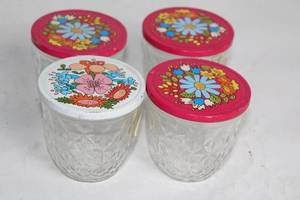 lot 412 image: Set of 4 Vintage Glass Jars with Floral Lids