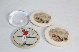 lot 414 image: Set of 4 Vintage Coasters and Glass Paperweight