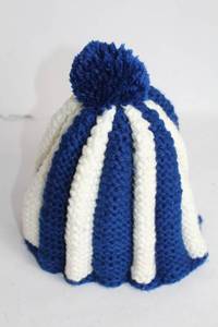 lot 424 image: Hand-Knitted Blue and White Striped Pom-Pom Beanie