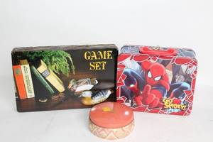 lot 499 image: Set of 3 Decorative Metal Tin Containers Game Set, Spider-Man, Vintage Pattern