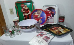 lot 609 image: Coca-Cola, Coke  Vintage Christmas Theme Holly Hobby, Trays, Bowl And More.