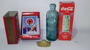lot 649 image: Coca-Cola, Coke  Brass Opener, Matchbox Clock, Hutchinson Bottle (Replica).