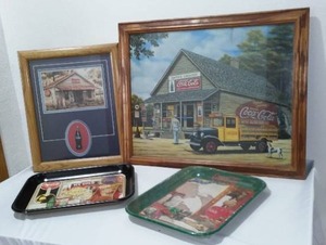 lot 689 image: Coca-Cola, Coke Framed Prints (2) And Metals Trays (2)