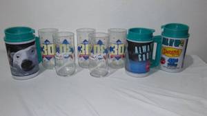 lot 703 image: Coca-Cola, Coke Collectible Walmart Glasses (5) And Dennys Thermal Mugs(3).