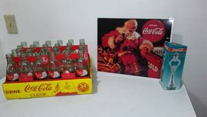 lot 722 image: Coca-Cola, Coke Metal Holiday Sign, Bottles And Bottle Opener.