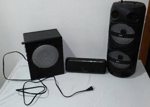 lot 553 image: Logitech X-530 Wired Subwoofer and More. IJoy and Sony wireless speakers, untested.