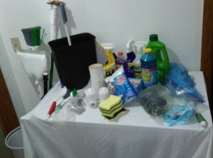 lot 556 image: Household Cleaning Lot. Kitchen Can, Cleaning Supplies Mostly Full, some partials, Broom, Mop and More. See Pics.