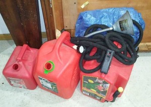 lot 696 image: Gas Cans (3) Hose, Tarp and Funnel.