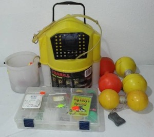 lot 415 image: Mark it  Buoys, Flow Troll Bait Bucket, and More.