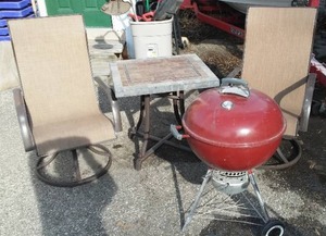 lot 826 image: Outdoor Patio Set, Table 30 x 26 x 29T with Swivel (2) and Weber Charcoal Grill.