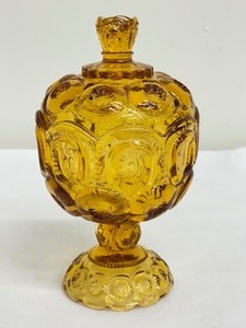 lot 126A image: Vintage LE Smith Moon & Stars Amber Glass Pedestal Compote Covered Candy Dish