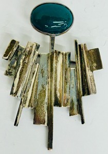 lot 92B image: Gorgeous Vintage Silver and Aqua Stone Signed Abstract Brooch  Pin