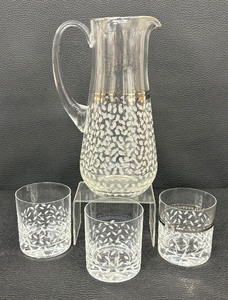 lot 24 image: Vintage Glazze Crystal Pitcher with Three Lowball Tumblers