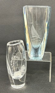 lot 150 image: Two Vintage Signed Etched Crystal Vases by Kosta Boda and More