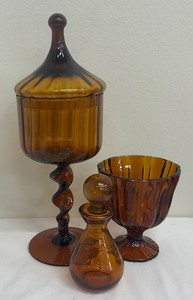 lot 29 image: Vintage Mid Century Empoli Amber Glass Pedestal Candy Dish, Footed Bowl and More