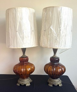 Pair of Mid Century 3 Way Amber Glass Lamps Hollywood Regency