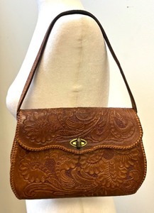 lot 79A image: Vintage Leather Artisan Embossed Handbag  Vintage Leather Embossed Hand Tooled Handbag