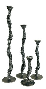 lot 114 image: Vintage Patrick Meyer Artisan Pewter Candlestick Holder Set  Curvy Enigma Brutalist Modern Metalwork Taper Candlestick Holders