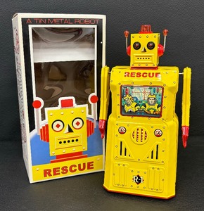 lot 39R image: Vintage Rescue Tin Metal Robot R-1 with Bum N Go Action