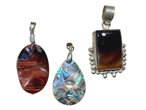 lot 34J image: Sterling Silver Smokey Agate Cabochon Pendant, Red Tiger Stone Cabochon Pendant and Mother of Pearl Pendant