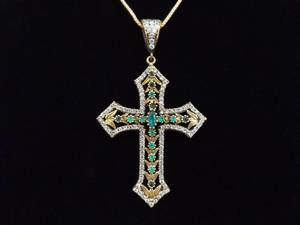 lot 14 image: .925 Sterling Silver Green Crystal Accented Vermeil Goth Cross Pendant Necklace