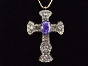 lot 17 image: .925 Sterling Silver Purple and Pink Crystal Accented Rose Gold Vermeil Gothic Cross Pendant Necklace