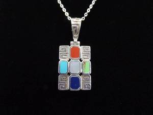 lot 19 image: .925 Sterling Silver Multi Colored Inlayed Stone Aztec Motif Pendant Necklace