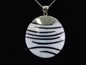 lot 35 image: .925 Sterling Silver Mother of Pearl Zebra Shield Pendant Necklace