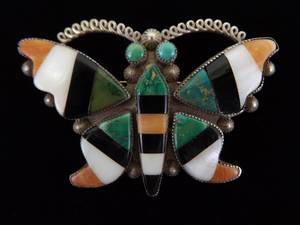 .925 Sterling Silver Multi Stone Navajo Butterfly Brooch Size 2.5"