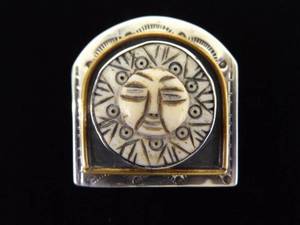 lot 50 image: .925 Sterling Silver Carved Bone Sun Face BroochPendant Size 1.625