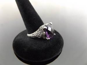 lot 63 image: .925 Sterling Silver Victorian Filigree Amethyst Ring Size 8.5