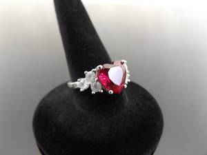 lot 65 image: .925 Sterling Silver Ruby Crystal Heart Ring Size 6