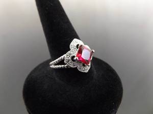 lot 64 image: .925 Sterling Silver Ruby Crystal Ring Size 6.25