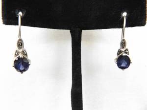 lot 83 image: .925 Sterling Silver Art Nouveau Sapphire Crystal Dangle Hook Latch Earrings