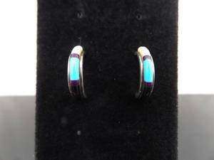 lot 82 image: .925 Sterling Silver Inlayed Stone Navajo Half Hoop Post Earrings