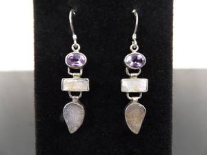 lot 89 image: .925 Sterling Silver Druzy Mother of Pearl Amethyst Dangle Hook Earrings