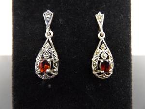 lot 94 image: .925 Sterling Silver Art Nouveau Garnet Dangle Post Earrings