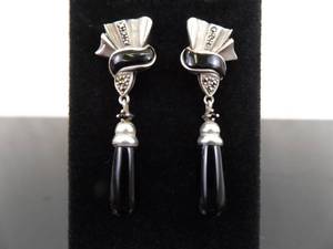 lot 98 image: .925 Sterling Silver Art Nouveau Black Onyx Dangle Post Earrings