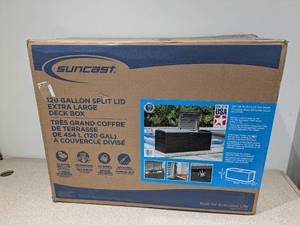 lot 10 image: NEW SUNCAST 120 GALLON SPLIT LID EXTRA LARGE DECK BOX