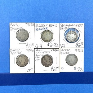 lot 201 image: 6-Piece Barber Quarter Lot  1898-S, 1907-S, 1908-D, 1909, 1909-D, 1914-D  Mixed Grades