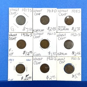lot 202 image: 9-Piece Wheat Cent Lot  1917-S, 1918-D, 1918-S, 1921-S (4x), 1921-S F-VF, 1926-S  Mixed Grades