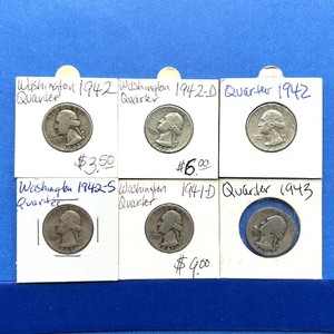 lot 206 image: 6-Piece Washington Silver Quarter Lot  1941-D, 1942, 1942-D, 1942-S, 1943  Mixed Grades