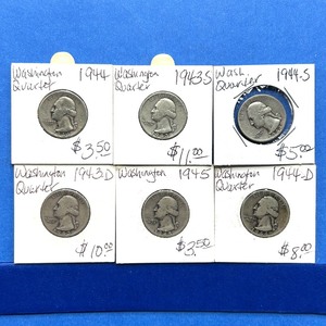 lot 207 image: 7-Piece Washington Silver Quarter Lot  1943-D, 1943-S, 1944, 1944-D, 1944-S, 1945  Mixed Grades