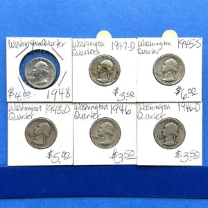 lot 208 image: 7-Piece Washington Silver Quarter Lot  1945-S, 1946, 1946-D, 1947-D, 1948, 1948-D  Mixed Grades